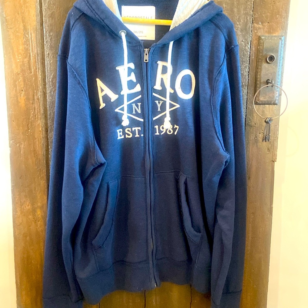 Aeropostale navy blue zip-up hoodie with embroidered stitching